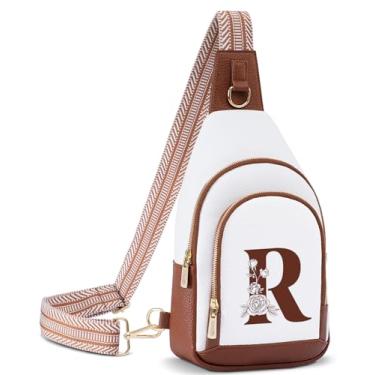 Imagem de Lizznoe Bolsa tiracolo feminina de couro com letra inicial pochete para viagem, presente para esposa e mãe, Branco/Marrom, R