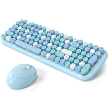 Imagem de Combo de teclado e mouse sem fio, MOWUX – layout compacto moderno, mouse doce compacto colorido e conjunto de teclado redondo retrô com capa, para PC/laptop/Windows/Mac - azul colorido