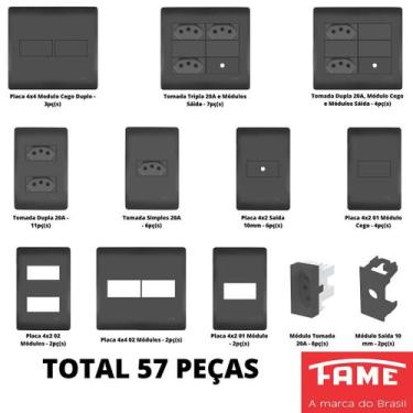 Imagem de 57un Tomadas Interruptores Com Placa 4x2 4x4 Habitat Black FAME K39
