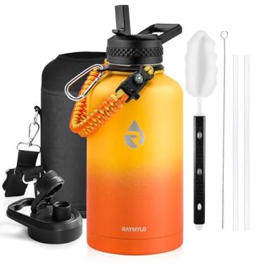 Imagem de Garrafa térmica para água RAYMYLO, aço inoxidável com parede tripla isolada a vácuo (fria por 48 h), à prova de vazamento, sem BPA, alça de paracord, tampas de bico e canudo, 1,9 L, laranja degradê