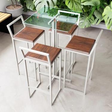 Imagem de Conjunto Mesa Alta Bar Bistrô Quadrada Vidro 4 Banquetas Confort Imbuia Industrial White