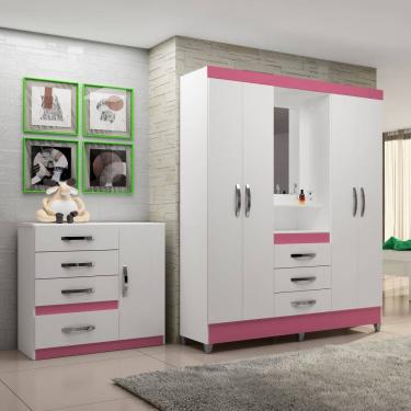 Imagem de Kit Quarto Infantil 2 Peças com Roupeiro 04 Portas e Espelho Capri e Comoda Vênus