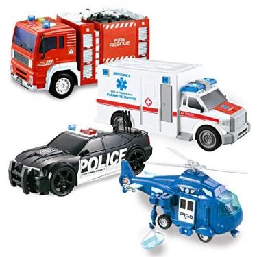 Imagem de Joyin 4 Pack Friction Powered City Hero Play Set Incluindo Caminhão do Corpo de Bombeiros, Ambulância, Carro da Polícia e Veículos de Emergência helic