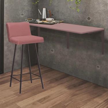 Imagem de Kit Mesa Suspensa de Parede Fixa mdf Rosa + 1 Banqueta Lexi Ferro Marrom Suede Rose - Ahazzo Móveis
