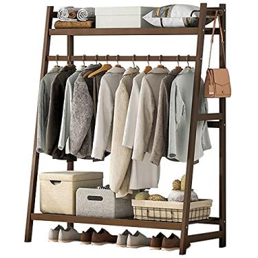 Imagem de Arara de roupas resistente, rack portátil de bambu com trilho suspenso e 2 prateleiras, carga de 100 kg, para loja de entrada de quarto