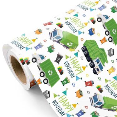Imagem de WRAPAHOLIC Papel de embrulho para caminhão de lixo – Mini rolo – 43 cm x 40 cm – Papel de embrulho de feliz aniversário para meninos e crianças, chá de bebê, amantes de carros