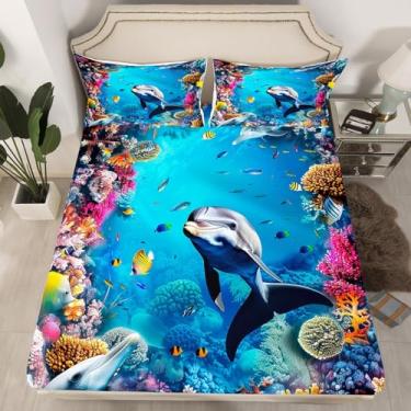 Imagem de Erosebridal Jogo de lençol solteiro de baleia, tartaruga-marinha 3D, colorido, recife de coral, animais marinhos, aquário, aquário, mundo subaquático, vida marinha, decoração de quarto