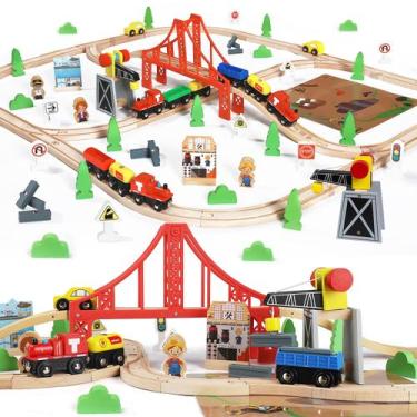Imagem de Conjunto de Trem de Madeira 80 Peças - Brinquedo Educativo para Crianç