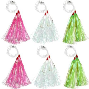 Imagem de Teaser de pesca, 3/6 peças de plataformas de linguado amarradas à mão robalo Hi Lo Rig isca de pesca de água salgada Mylar ganchos para surfe e pesca oceânica