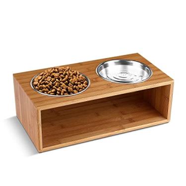 Imagem de Tigelas de alimentação para cães e gatos elevadas Flexzion – Bandeja de alimentação de suporte elevada com tigela de aço inoxidável duplo para comida e água para cães (18 oz, 6 polegadas de altura) estilo moderno de bambu
