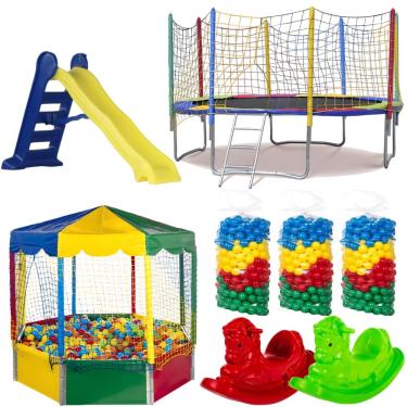 Imagem de Kit Cama Elástica Pula Pula Nacional 3,05m 3m + Piscina De Bolinhas Oitavada 2,00m + 1500 Bolinhas + Escorregador Grande + 2 Gangorras 1 Lugar