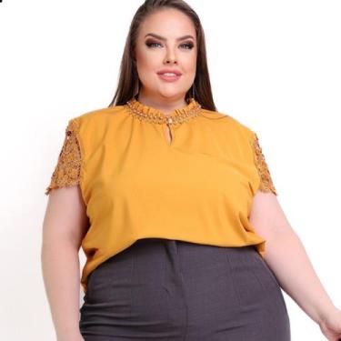 Imagem de Blusa Feminina Plus Size Com Gola Pedrinhas Manga Guipir - Look Modas 