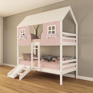 Imagem de Beliche Casinha Encantada Com Kit Escada/ Escorregador Madeira Maciça Rosa/ Branco Housin
