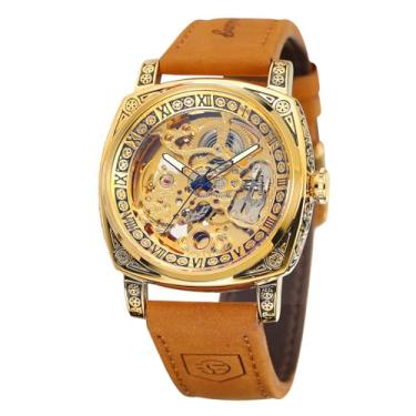 Imagem de FORSINING Relógio de pulso masculino vintage esqueleto automático movimento mecânico número romano com pulseira de couro genuíno, Dourado, Clássico