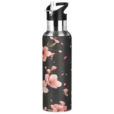 Imagem de ALAZA Garrafa de água rosa de cerejeira preta com tampa de palha, garrafa térmica de aço inoxidável isolada a vácuo, 940 ml