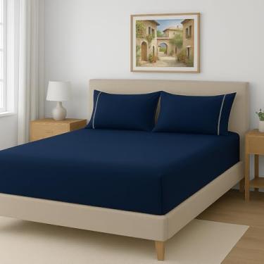 Imagem de Lençol King 3 Peças 300 Fios 100% Algodão Egípcio – Lençol com Elástico + 2 Fronhas com Ponto Palito (Azul Marinho)