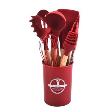 Imagem de Kit Utensílios Cozinha Silicone 12 Peças Cabo de Madeira Conjunto Resistente ao Calor Colher de Silicone para Cozinha Design Premium Confeitar Antiaderente Concha Espátula (Vermelho)