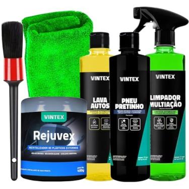 Imagem de Kit Limpeza Automotiva Vintex Vonixx Limpador Multiação Pneu Pretinho Lava Autos Rejuvex Toalha Pincel Karbox