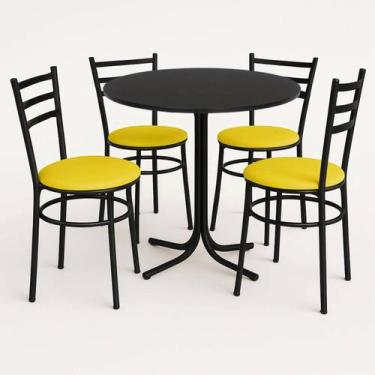 Imagem de Mesa de Jantar Redonda 80cm Preta Com 4 Cadeiras Estofada Preta - Lama
