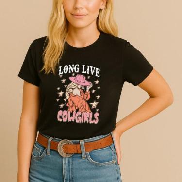 Imagem de T-shirt Algodão Feminina Estamp Cowgirl Mulher Estrela Chapéu Modinha 