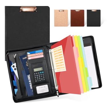 Imagem de Ospelelf Pasta portfólio com zíper, prancheta de couro com armazenamento, fichário de 3 anéis de 2,5 cm, capa para tablet de 30,7 cm, 5 divisórias com bolso, bloco de notas recarregável, compartimento