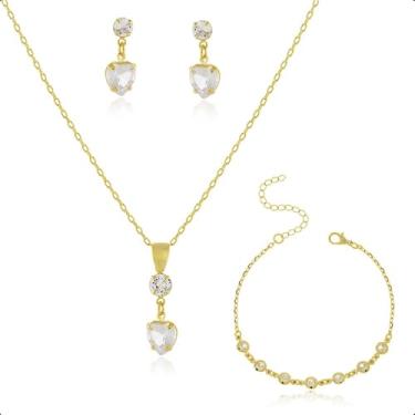 Imagem de Kit Semijoia Banhado Ouro 18k - Conjunto com Pulseira, Corrente, Pingente e Brincos Coração Cristal