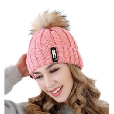Imagem de Touca de frio feminina de lã acrílica forrada quentinha com pompom cab