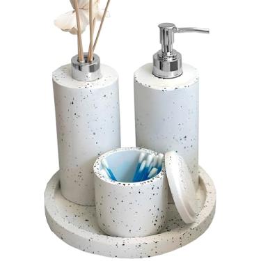Imagem de Kit Banheiro Lavabo Acessórios Para Banheiro Aromatizador Saboneteira Porta Cotonetes e Base Redonda Em Cimento Granilite Prata