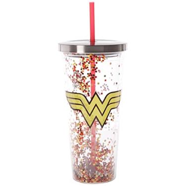 Imagem de Spoontiques Copo com glitter com logotipo da Mulher Maravilha com canudo, tamanho único, vermelho e dourado
