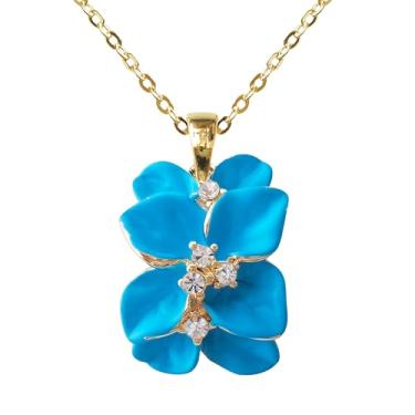 Imagem de Navachi Colar com pingente de flor de folhas esmaltadas de cristal transparente banhado a ouro 18 K 40,64 cm + 5,08 cm, Zinco, Cristal