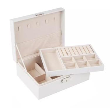 Imagem de Amarme - Maleta Porta Joias Elegance Interior em Veludo com Tranca. Estojo Organizadora Grande de Dupla Camada para Joias, Brincos, Anéis, Bijuterias. Porta Jóias para Viagem Porta-Jóias Luxo (Branco)