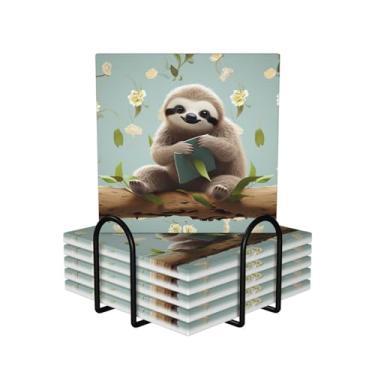 Imagem de Porta-copos para bebidas, conjunto de 6 porta-copos redondos absorventes de cerâmica antiderrapante com suporte e base de cortiça, tapete reutilizável para copos de preguiça fofos para tipos de xícara