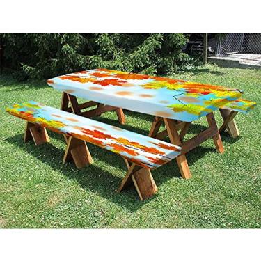 Imagem de Toalha de mesa ajustada com folhas de bordo, conjunto de 3 peças, textura florestal floral de outono, para uso ao ar livre, parque, terraço, 76 x 182 cm