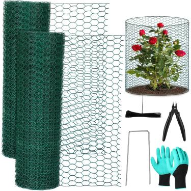 Imagem de Woanger Pacote com 2 protetores de plantas de arame de animais de 66 pés x 40 cm, gaiola de metal para plantas de galinha para ambientes externos com 60 estacas de solo e 100 laços de nylon para