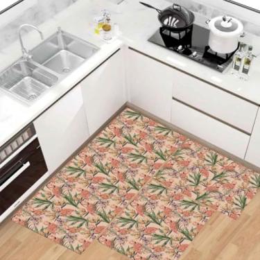 Imagem de Kit Tapete Passadeira de Cozinha Antiderrapante Absorvente (Flamingos Folhagens)