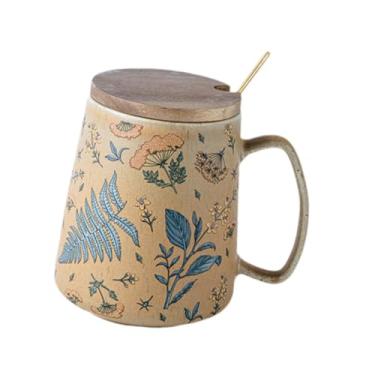 Imagem de IEUDNS Caneca de café de cerâmica com enfeite de xícara de chá e alça para escritório em casa, linda decoração de mesa, copo, xícara de café e chá, Flor com Tampa