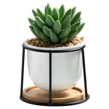 Imagem de NASILDIN Conjunto de vasos de suculentas de cerâmica com suporte de panela de ferro e bandeja de bambu, estilo minimalista, plantador decorativo de mesa interna com mini planta de drenagem (branco 1)
