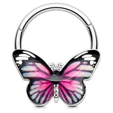 Imagem de OUFER Anéis de septo de borboleta, joia de piercing de septo Daith 16G, clique de segmento articulado, brincos de cartilagem de hélice Daith para mulheres, homens, azul/rosa, 16G 10MM, Metal, Sem