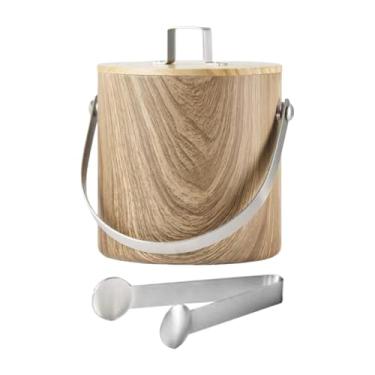 Imagem de AFXGUSD Balde de Gelo Portátil, Balde de Cerveja com Tampa E Pinça, Balde de Gelo de Metal Multiuso para Bebidas, Recipiente de Gelo para Entretenimento, 1,4 L Grão de Madeira