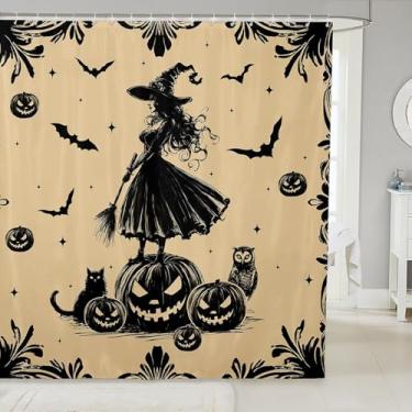 Imagem de Manfei Cortinas de chuveiro infantis Happy Halloween, morcegos bruxas, abóbora, desenho de gato, cortina de banheiro tripla para meninas e meninos, cortinas impermeáveis estilo gótico ocidental, preto