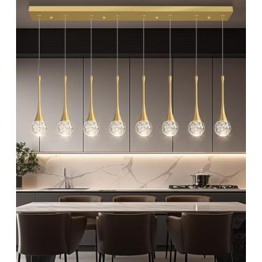Imagem de Lustre retangular moderno de 8 luzes de cristal glamoroso para teto alto LED regulável luz pendente de teto cozinha ilha escadaria hall entrada sala de estar lustre iluminação ouro antigo