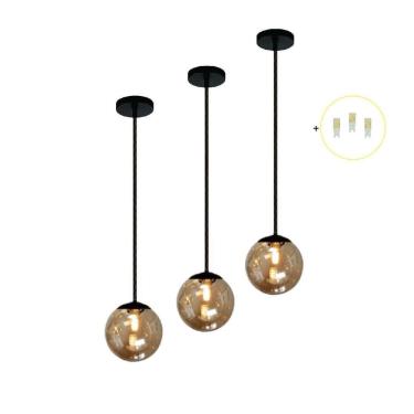 Imagem de Kit 3 Pendente Preto Mesa Bancada Balcão Aparador + Led Vidr