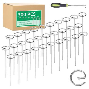 Imagem de Pacote com 300 grampos de paisagem de 15 cm, estacas espessas de 8 bitola circular para jardim, pinos de tecido galvanizado resistente para proteger a barreira de ervas daninhas, gramado, cerca