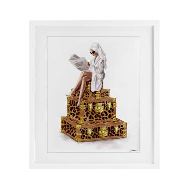 Imagem de Stupell Industries Reading Atop Suitcases Impressão emoldurada branca sob o vidro design por Ziwei Li, 53 x 43 cm