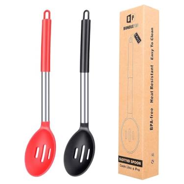 Imagem de Conjunto grande de 2 escumadeiras de silicone com ranhuras para cozinha com alta resistência ao calor, sem BPA, coador de concha antiaderente para drenagem e fritura (preto-vermelho)