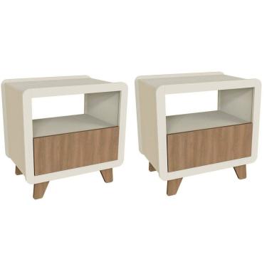 Imagem de Conjunto 2 Mesas de Cabeceira 55cm com Gaveta e Nicho 100% Mdf Padrão Planejados Mabel Off White / Louro Freijó Grann