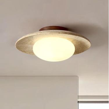Imagem de WOSBO Luz de teto travertino amarelo, luminária Wabi Sabi de 25 cm com abajur redondo de pedra travertino, luz de teto embutida de meados do século para quarto, sala de estar, cozinha, ilha, corredor