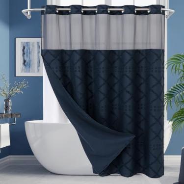 Imagem de Craidlela Cortina de chuveiro de tecido marinho boho sem ganchos com casa de fazenda moderna de 182 x 213 cm, cortinas de chuveiro minimalistas para banheiro, decoração de hotel