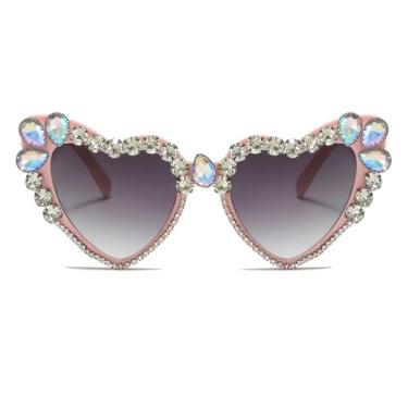 Imagem de LJCZKA Óculos de sol femininos de coração de strass de luxo para mulheres, óculos de sol brilhantes para festas e festivais, Rosa gradiente cinza, tamanho �nico