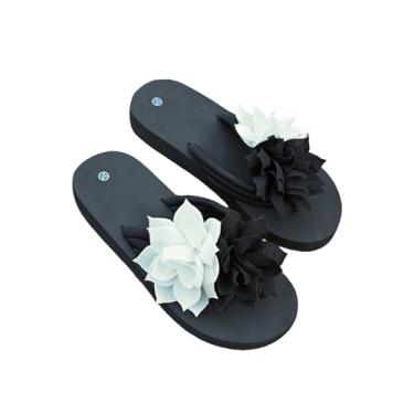 Imagem de OYOANGLE Chinelo feminino com apliques de flores, boho, bico aberto, sem cadarço, chinelos de férias na praia, Preto e branco, 36